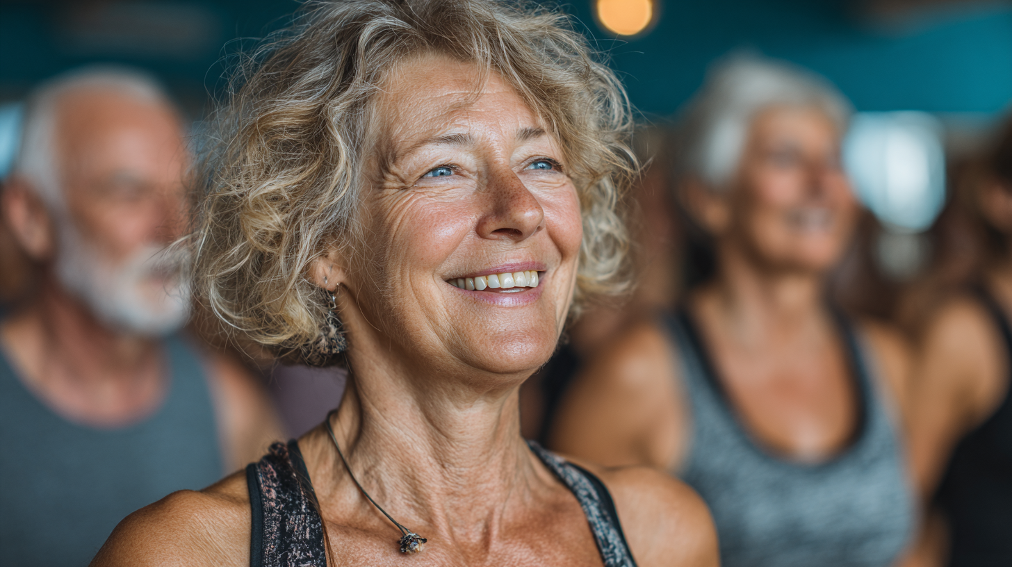 Група людей старшого віку під час заняття фітнесом